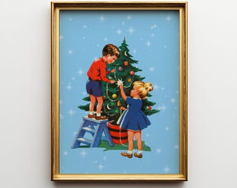 Póster navideño retro con estampado clásico de árbol de Navidad, arte de temporada azul (descarga digital)