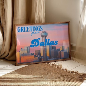 Arte de pared de Dallas, impresión vintage de Texas, póster retro de Dallas, Texas, postal de Dallas, TX, horizonte de Dallas, impresión colorida de Texas, descarga digital