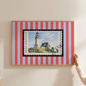 Maine Art Print Digital Download New England Wall Art Horizontal Maine Travel Poster Vintage Maine Lighthouse Printable Retro Wall Decor