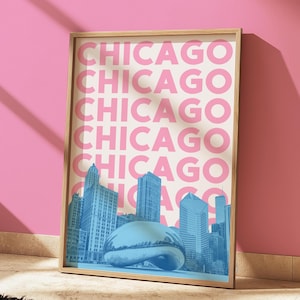 Impresión de arte mural de Chicago en color rosa, descarga digital, horizonte de Chicago, póster de moda de Chicago, arte colorido de Chicago, póster de viaje a Chicago