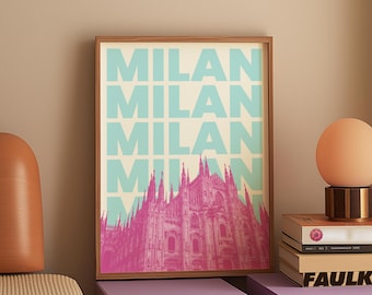 Milan Wall Art Print Italy Travel Poster Pink & Blue Duomo Printable Girly Milano Decor Retro Italian Artwork (Digital Download)