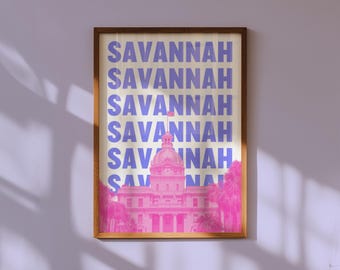 Plakat podróżniczy w stylu retro z Savannah w stanie Georgia, różowy, do pobrania w wersji cyfrowej