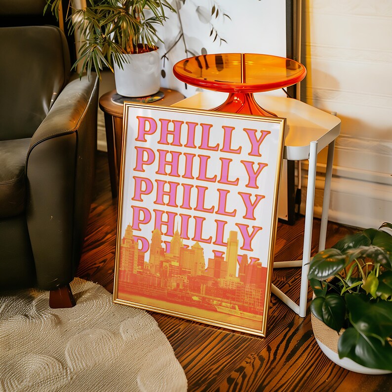 Philadelphia Skyline Druck Philly Wand Kunst Pink und Orange Pennsylvania Poster (Digitaler Download) Bild 4