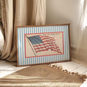 Puede incluir: Impresión enmarcada con la bandera estadounidense y el texto "Stars and Stripes Forever". La impresión está sobre un fondo a rayas azules y blancas y enmarcada en un tono de madera natural. Una alfombra tejida está en primer plano.