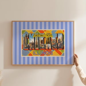 Chicago Print Digital Download Vintage Illinois Postcard Retro Travel Poster Girly Chicago Gift Printable Striped Wall Art Eclectic IL Decor