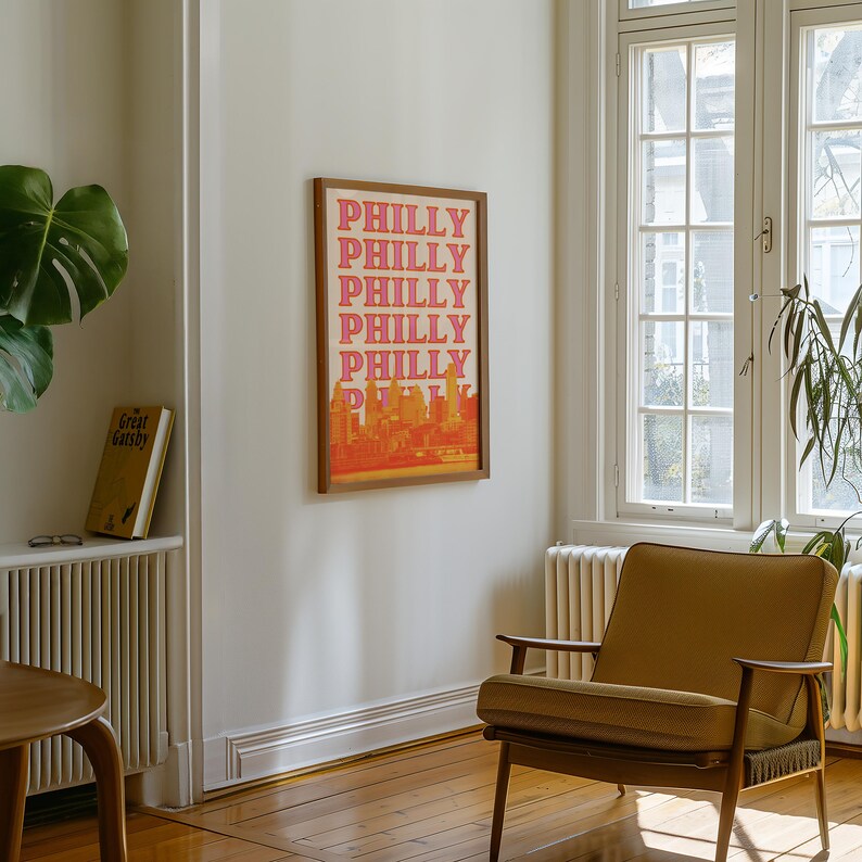 Philadelphia Skyline Druck Philly Wand Kunst Pink und Orange Pennsylvania Poster (Digitaler Download) Bild 6