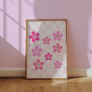 Smiley Face Flower Print Digital Download Pink Checkerboard Wall Sign Girly Room Art Retro Dorm Decor Preppy Abstract Poster Cute Printable