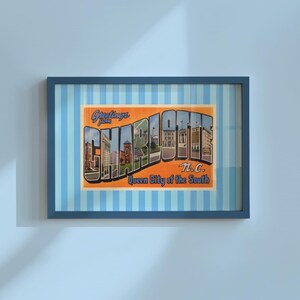 Charlotte NC Art Print Vintage North Carolina Digital Download Horizontal Blue Charlotte Travel Poster Retro Artwork Trendy Dorm Wall Decor