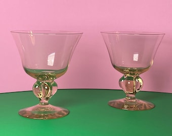 Skruf Sweden Clear Goblets by Siegfried Stahl, Vintage Mid-Century Swedish Modern Blown Yellow Glass Cocktail Glasses, Set of 2, 1920s
