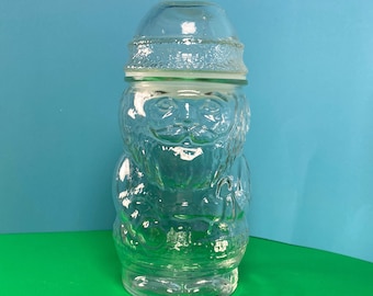 Vintage Libbey Glass Clear Santa Candy Jar Canister With Lid