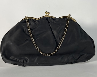 Gorgeous Vintage Black Satin Evening Bag With Wrist Chain made in USA