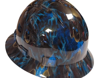 Blue Skulls Hydro Dipped Hard Hat: Full Brim, ANSI Z89.1