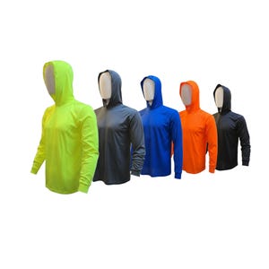 May include: Five hooded long-sleeve shirts in a row, each on a mannequin. The shirts are in bright neon yellow, dark gray, blue, orange, and black. The shirts have a simple, athletic design.
