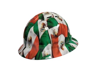 Hydro Dipped Mexican Flag Hard Hat: Full Brim, ANSI Z89.1