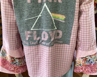 Pink Floyd inspiriertes Flanellhemd mit Patchwork-Glockenärmeln