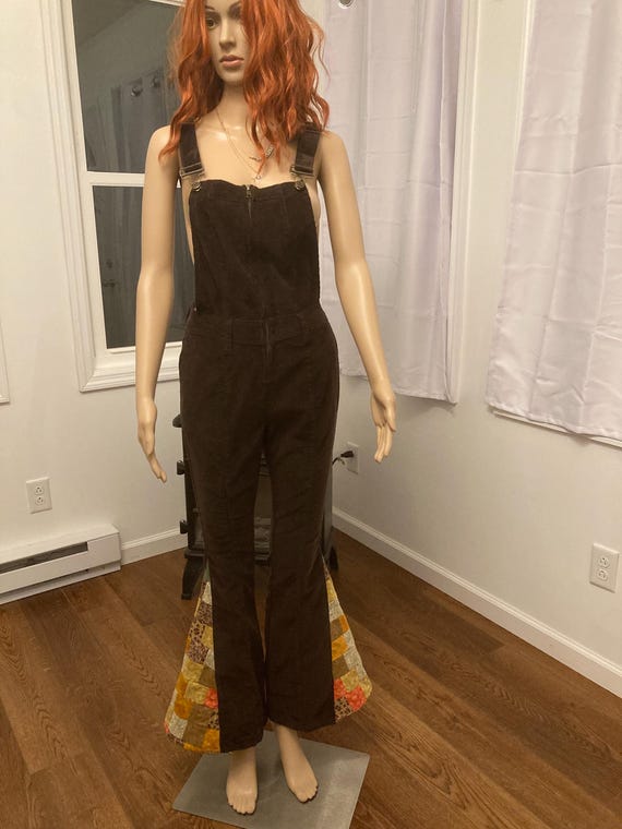 70s Inspired Bell Bottom Corduroy Patchwork Flare Overalls