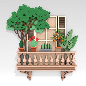 Meerlaags balkon met plantenkunst svg, kamerplanten svg, bloempotten svg, muurplanten svg, 7 lagen kunstwerk voor Glowforge, lasergesneden bestanden