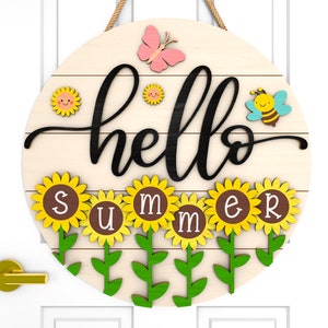 Olá sinal redondo de verão SVG, girassóis svg, sinal de boas-vindas de verão svg, Bee Door Hanger svg, arquivos Glowforge svg, arquivos cortados a laser