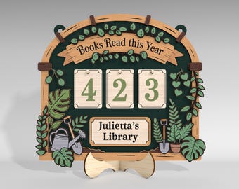 Letrero personalizado de seguimiento de lectura de plantas cortado con láser, letrero SVG personalizado de libros de biblioteca leídos este año, regalo para amantes de los libros, archivos SVG de Glowforge