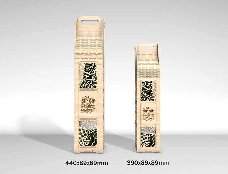 May include: Two wooden wine bottle boxes with laser-cut grape and leaf designs. The boxes have a handle and the text "Sip Sip Hooray! It's your Birthday". The larger box measures 440x89x89mm, and the smaller one is 390x89x89mm.