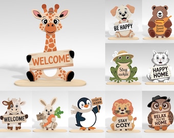 3D Animal stand decor svg bundle, cute animals laser cut file, wooden animal shelf sitter svg, kids room decor svg, Glowforge svg files
