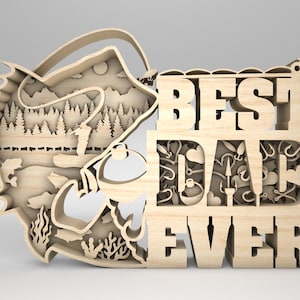 May include: Wooden cutout of a fish with a fishing scene inside and the words "BEST DAD EVER" with fishing-themed cutouts inside the letters.