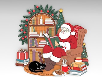 Multilayer Santa Reading Christmas SVG, Cozy Shelf with Books and Cat, Book Nook Scene svg, 4 Layer Art Piece for Glowforge,Laser cut files
