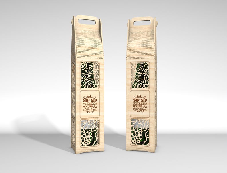 May include: Two wooden wine bottle gift boxes with laser-cut grape and leaf designs. Each box has a handle and the text "SIP SIP Hooray! It's your birthday". The boxes are made of light-colored wood.