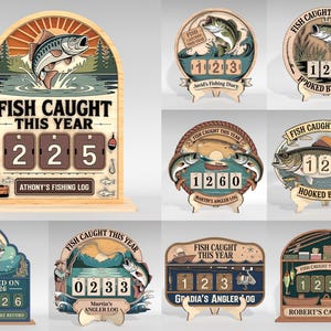 Puede incluir: Registro de pesca de madera con un pez saltando fuera del agua, el texto "FISH CAUGHT THIS YEAR" y un contador que muestra "225". El registro incluye el texto "ATHONY'S FISHING LOG".