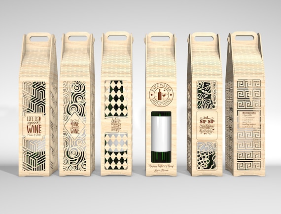Wine Bottle Box SVG Bundle, Wine Gift Box Laser Cut File, Wine Holder Wood Box Template, Father's Day Wine Packaging SVG,Glowforge svg files
