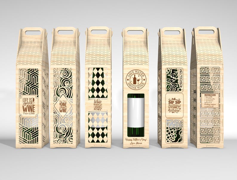 May include: A set of six wooden wine bottle gift boxes. Each box features a unique laser-cut design and text, including geometric patterns, swirls, and phrases like "Life is good with wine" and "Save water drink wine". The boxes have a handle at the top.
