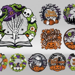 May include: A collection of eleven circular Halloween-themed wall decorations featuring various designs including a skeleton hand emerging from a book, pumpkins, ghosts, skulls, bats, spiders, a witch hat, a cauldron, and text reading Happy Halloween, Spooky Season, Welcome, and Trick or Treat.