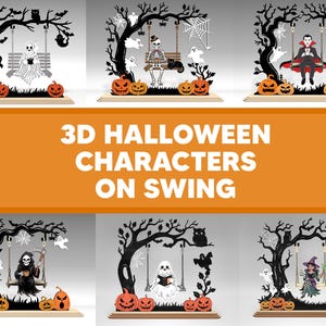以下が含まれることがあります： ブランコに乗った3Dハロウィーンキャラクターの切り抜きコレクション。キャラクターには、幽霊、スケルトン、吸血鬼、死神、魔女が含まれます。各シーンには、木、カボチャ、クモの巣があります。テキストは「3D Halloween Characters on Swing」と書かれています。