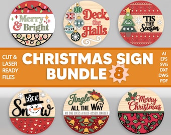 May include: A bundle of eight Christmas signs with festive designs. Each round sign features holiday-themed text and graphics, including ornaments, a Christmas tree, and a snowman. The signs are made of wood and have red, green, and white accents.
