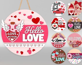 Hello Love Valentine Door Sign SVG Bundle, Heart welcome sign Laser cut files, Valentine's Day decor, Cricut, Glowforge svg files