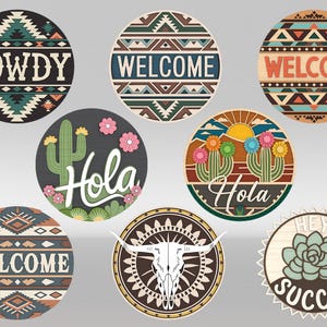 Western Türschild SVG Bundle svg, Bulle Kaktus Texas Howdy West Runde Zeichen svg, Kaktus Willkommensschild svg, Glowforge svg-Dateien, Laser geschnitten Dateien