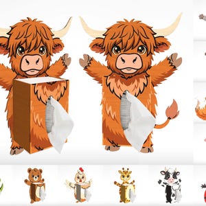May include: A collection of wooden tissue box covers featuring various cartoon animals including a Highland cow, cat, dog, fox, pig, dinosaur, bear, chicken, giraffe, cow, and ladybug, each designed to dispense tissues from a central rectangular box.