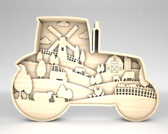 Multilayer Farm Tractor Art svg, Farm Scene Art svg, Farmtiere svg, 11-Layer-Art-Piece für Glowforge, Laser-Schnittdateien