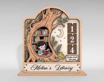 Contador de libros leídos este año personalizado (SVG), letrero rastreador de libros (SVG), decoración de rincón de libros de biblioteca de árbol, archivos SVG de Glowforge, archivos cortados con láser