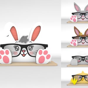 3D mignon Pâques animaux porte-lunettes SVG, lapin de Pâques porte-lunettes fichiers découpés au laser, support de lunettes en bois animal svg, fichiers svg Glowforge