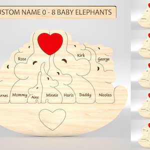 Puzzle personalizzato per la famiglia dell'elefante SVG, pezzi del puzzle elefante in formato SVG, festa del papà in formato SVG, festa della mamma in formato SVG, file SVG Glowforge, file tagliati al laser