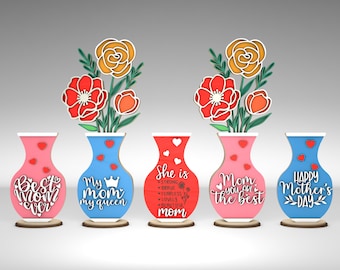 Flores y jarrón del Día de las Madres con soporte SVG, Regalo para mamá, Día de las Madres svg, Regalos del Día de las Madres svg, Archivos svg Glowforge, Archivos cortados con láser