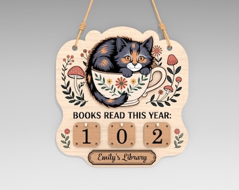 Letrero personalizado de libros leídos este año (svg), letrero de seguimiento de libros de gato (svg), decoración acogedora de biblioteca, archivos SVG de Glowforge, archivos cortados con láser
