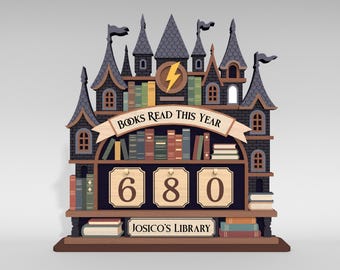 May include: A wooden castle-shaped bookshelf with a banner reading "BOOKS READ THIS YEAR." The bookshelf displays the number "680" and the text "JOSICO'S LIBRARY." It features a lightning bolt and various books in different colors.