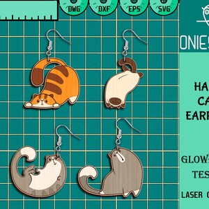 Roliga kattörhängen Svg-paket, glada katter Svg, örhängen laserskurna filer, söt kattörhänge SVG, Glowforge SVG-filer, digital fil bild 4