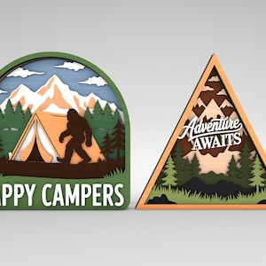 Scena di campeggio multistrato SVG, file tagliati al laser Bigfoot Happy Campers & Adventure Awaits, cartello della foresta di montagna a strati SVG, file SVG Glowforge