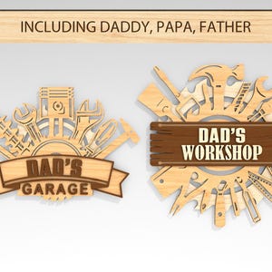 Garaje personalizado para papá SVG, taller para papá SVG, letrero mecánico para papá SVG, letrero de herramientas para el Día del Padre cortado con láser, decoración de garaje Glowforge SVG