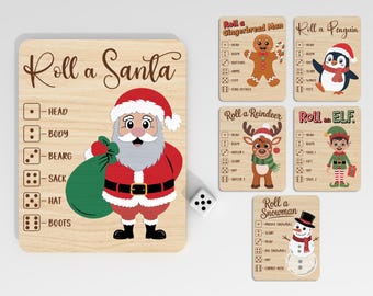 Weihnachten Roll Spiel Holzbrett Set Laser Cut SVG, Roll a Santa, Rentier, Elfe, Schneemann, Lebkuchen Würfelspiel svg, Glowforge svg-Dateien
