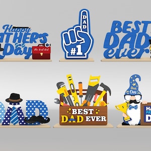 Pacote SVG de decoração para estande do Dia dos Pais, arquivo de corte a laser "O Melhor Pai de Todos os Tempos", gnomo, ferramentas, troféu, gravata, decoração de bigode, presente para pai, arquivos SVG Glowforge