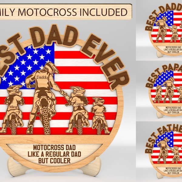 Personalized Motocross Dad And Kids US Flag Sign SVG, Family Motocross svg, Best Dad Ever svg, Fathers Day Gifts svg, Glowforge svg files